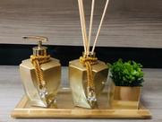 Kit Jogo Banheiro Porta Sabonete Gold Dourado Aroma Vasinho