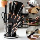 Kit Jogo Conjunto de Facas Premium 9 Peças Aço Inox Afiadas Cabo Marmorizado Suporte Acrílico Giratório Chef Cozinha Profissional Kit Jogo Conjunto de Facas Premium 9 Peças Aço Inox Afiadas Cabo Marmorizado Suporte Acrílico Giratório Chef Cozinha Profissional