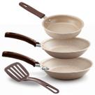 Kit Jogo de Frigideiras 3 Pçs Antiaderente Teflon 6 Camadas Desenhada Crema com Espátula Kit Jogo de Frigideiras 3 Pçs Antiaderente Teflon 6 Camadas Desenhada Crema com Espátula