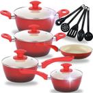 Kit Jogo de Panelas 10 Peças Indução Blue Red Revestido em Cerâmica Antiaderente Caçarola