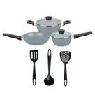 Kit Jogo de Panelas Carmela Ceramic Flon Cinza Espátula Escumadeira Concha Nylon MTA