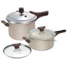 Kit Jogo de Panelas de Pressão 3L e 4,5L Crema com fechamento externo e tampa de vidro Kit Jogo de Panelas de Pressão 3L e 4,5L Crema com fechamento externo e tampa de vidro