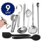 Kit Jogo de Utensílios de Cozinha em Inox e Colheres de Silicone