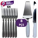Kit Jogo Faca Pão E Espátula Cortar E Servir Bolo Cabo Branco E Garfo Sobremesa Aço Inox