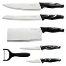 Kit Jogo Facas 6 peças Inox Descascador Churrasco Cozinha Cabo Premium Mármore Madeira