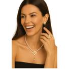 Kit Joias Pérola Feminina Colar Flor Brinco Anel Branco Luxo -