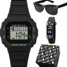 Kit Kids Relógio Digital Infantil Quadrado e Bracelete Silicone Ajustável com Óculos de Sol UV Caixa Premium