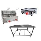 Kit Lanchonete Mesa de Manipulação 100x55cm + Fritadeira a Gás 2 Cuba + Chapa a Gás 30cm Alcamar