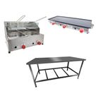 Kit Lanchonete Mesa de Manipulação 120x55cm + Fritadeira a Gás 2 Cuba + Chapa a Gás 90cm Alcamar