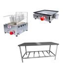 Kit Lanchonete Mesa de Manipulação 190x70cm + Fritadeira a Gás 1 Cuba + Chapa a Gás 30cm Alcamar