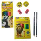 Kit Lápis de Cor 12 Cores + 2 Lápis de Escrever Grafite + Canetinha Hidrográfica + 2 Borrachas + 2 Apontador