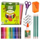 Kit Lápis de Cor 24 Cores Hidrocor Apontador Lápis Borracha Cola Material Escolar Completo Leo e Leo Modelo::Kit 02Opçõ