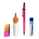 Kit Lapiseira Neon 0.7 Rosa+Borracha + Grafite + Vista Lrj