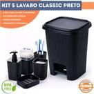 Kit Lavabo 5 Peças Preto Plasútil Lixeira 7L Banheiro Completo