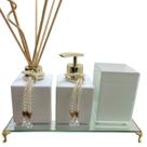 Kit Lavabo Aromatizador Porta Sabonete Porta Escova Pincel Maquiagem Bandeja Espelhada-Jogo Banheiro-Organizadores-Decoração Casa-Branco e Dourado