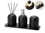 Kit Lavabo Banheiro Dispenser Sabonete Liquido Difusor Ambientes Porta Algodão Com Tampa Bandeja Cimento Multiuso Preto