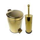 Kit Lavabo Inox Dourado Lixeira 5L e Escova Sanitaria France Fineza