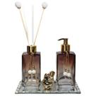 Kit Lavabo Luxo Bandeja Strass Frascos De Vidro Passarinho