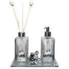 Kit Lavabo Luxo Bandeja Strass Frascos De Vidro Passarinho