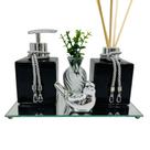 Kit Lavabo Luxo Para Banheiro Saboneteira e Difusor Com Bandeja - Vidro Cubo Preto Prata