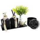Kit Lavabo Luxo Preto Sabonete Difusor C/ Bandeja e Porta Algodão