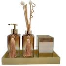 Kit Lavabo Porta Sabonete Aromatizador Porta Escovas Pincel Maquiagem Make Bandeja Decorativa Jogo Para Banheiro-Organizadores Decoração Casa-Dourado