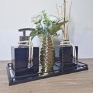 Kit Lavabo Premium Aromatizador Saboneteira Difusor Vaso com Flor e Bandeja de Metal Espelhada Preto com Dourado