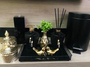 Kit Lavabo Preto Dourado Lixeira Porta Escovas Potes Aroma Sabonete Kit Lavabo Preto Dourado Lixeira Porta Escovas Potes Aroma Sabonete