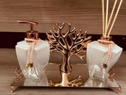 Kit Lavabo Rose Gold 4 Peças Difusor Sabonete Bandeja Árvore