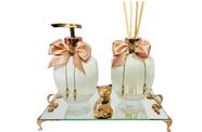 Kit Lavabo Rose Gold Difusor Varetas Saboneteira Bandeja