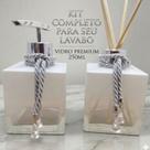 Kit Lavabo Vidro 250Ml Branco Porta Sabonete Válvula Luxo e Difusor Varetas Decoradas Banheiro Lavabo Organização e Decoração Branco Degradê e Prata