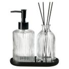 Kit Lavabo Vidro Bandeja Difusor Aromatizador de Ambiente Porta Sabonete Líquido Banheiro Higiene Luxo 557