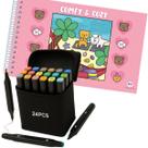 KIT Livro Comfy Cozy Rosa Capa Dura Colorir e 24 Canetas Touch Pontas Duplas Educativo Passatempo Aulas Férias