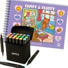 KIT Livro Comfy e Fluffy Capa Dura Colorir e 24 Canetas Touch Pontas Duplas Educativo Passatempo Aulas Férias