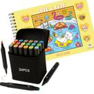 KIT Livro Cute e Cozy Amarelo Capa Dura Colorir e 24 Canetas Touch Pontas Duplas Educativo Passatempo Aulas Férias