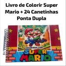 Kit Livro Super Mario Capa Dura + 24 Canetinha Ponta Dupla Para Colorir