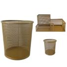 Kit Lixeira de Escritorio Cesto de lixo 10 L, Porta Lápis 3 Divisórias e 1 Porta Treco Redondo Dourado Gv Office