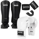 Kit Luva Boxe Classic White + Caneleira Muay Thai Classic Black + Bandagem 3m + P. Bucal - Maximum