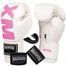 Kit luva de boxe muay thai feminino mxm branco/rosa + bandagem 3m + protetor bucal - maximum