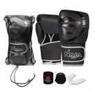 Kit Luva de Boxe Muay Thai - Naja Mod. Black Line Preto/Prata + Bandagem + Bucal
