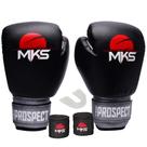 Kit luva de boxe muay thai prospect preta/prata+ bandagem 2,55m + protetor bucal - mks combat