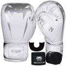 Kit luva de boxe muay thai venum giant full logo pro white silver + bandagem 4m + protetor bucal