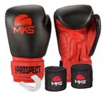 Kit luva muay thai boxe kickboxing prospect preta/vermelha + bandagem 2,55m + protetor bucal - mks
