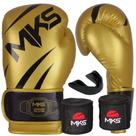 Kit Luva Muay Thai Boxe New Champion Dourada/Preta + Bandagem + Protetor Bucal - Mks Combat