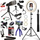 Kit Luz Led Ring light 26cm Tripé 2,10m Microfone Condensador Filmagem Profissional