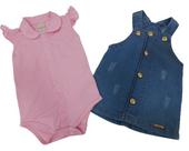 Kit Macacão Jardineira Jeans + Body Luxo Bebê Menina 2498