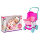 Kit Mamãe e Bebê Boneca com Acessórios Carrinho de Boneca Rosa com Capota Regulável