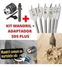 Kit Mandril + Adaptador Sds Plus + Kit Brocas Chatas Madeira