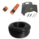 Kit mangueira siliconada 20m para jardim preta com esguicho e engate rosqueavel e suporte tramontina