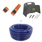 Kit mangueira siliconada 30m para jardim azul com esguicho e engate rosqueavel e suporte tramontina